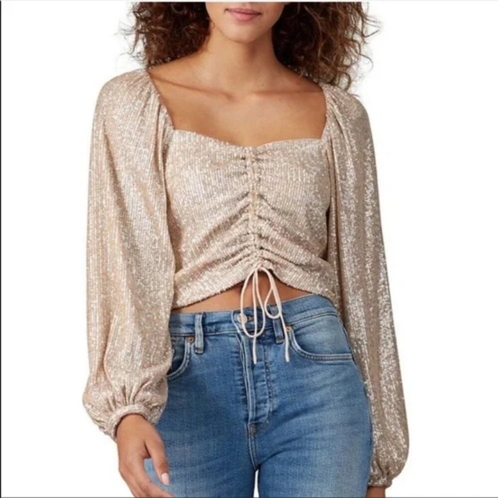 Jonathan SIMKHAI Blouse Luxe Champagne Sequin Ruched front Crop top Puff Sleeve